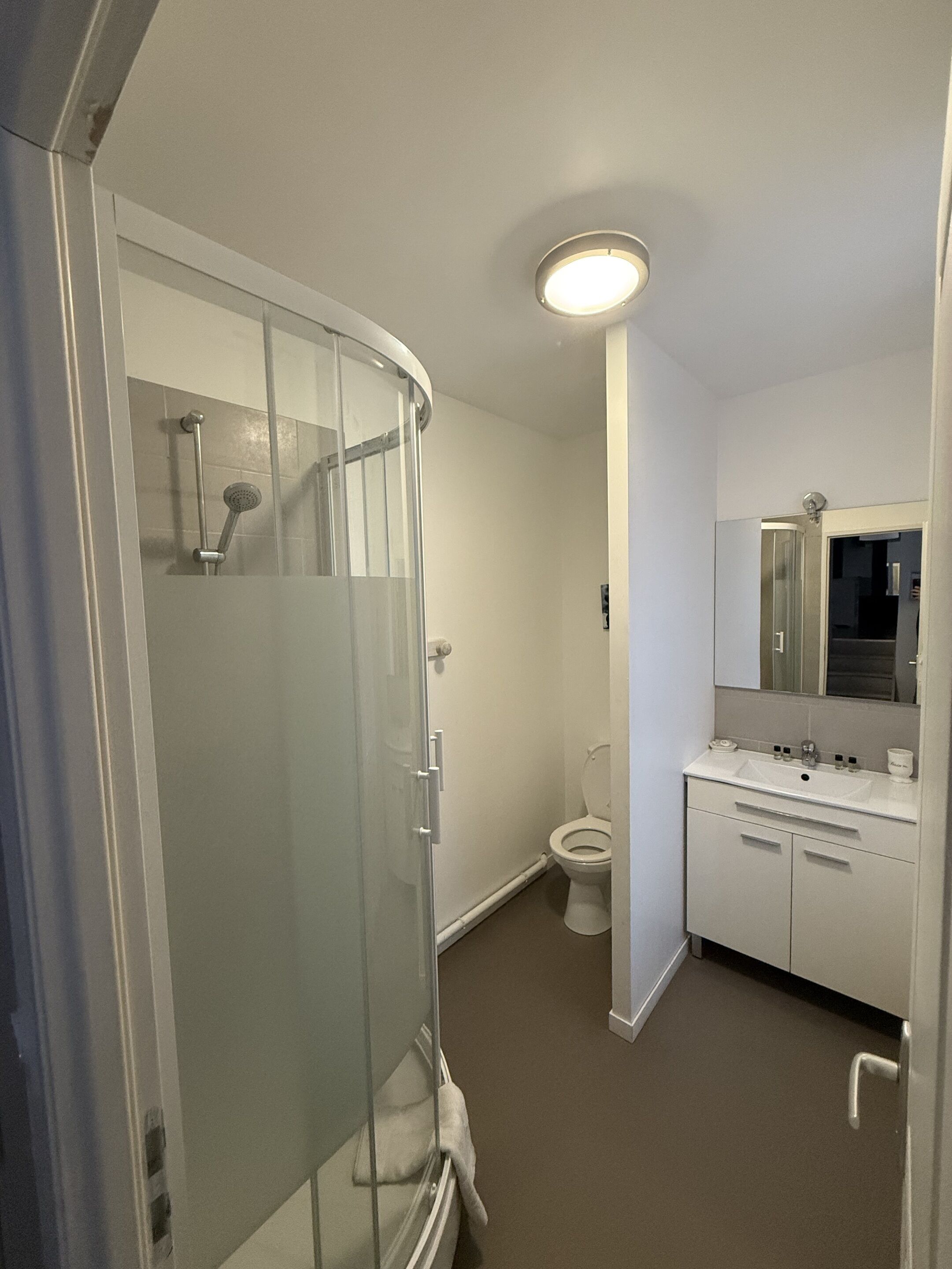 Une salle de bain avec une douche à parois de verre, des toilettes et un lavabo avec un miroir au-dessus.