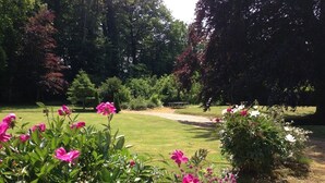 A well-maintained garden with a variety of flowering plants and trees.