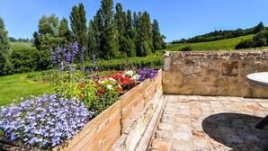 Ein Garten mit verschiedenen Blumen und hohen Bäumen im Hintergrund.