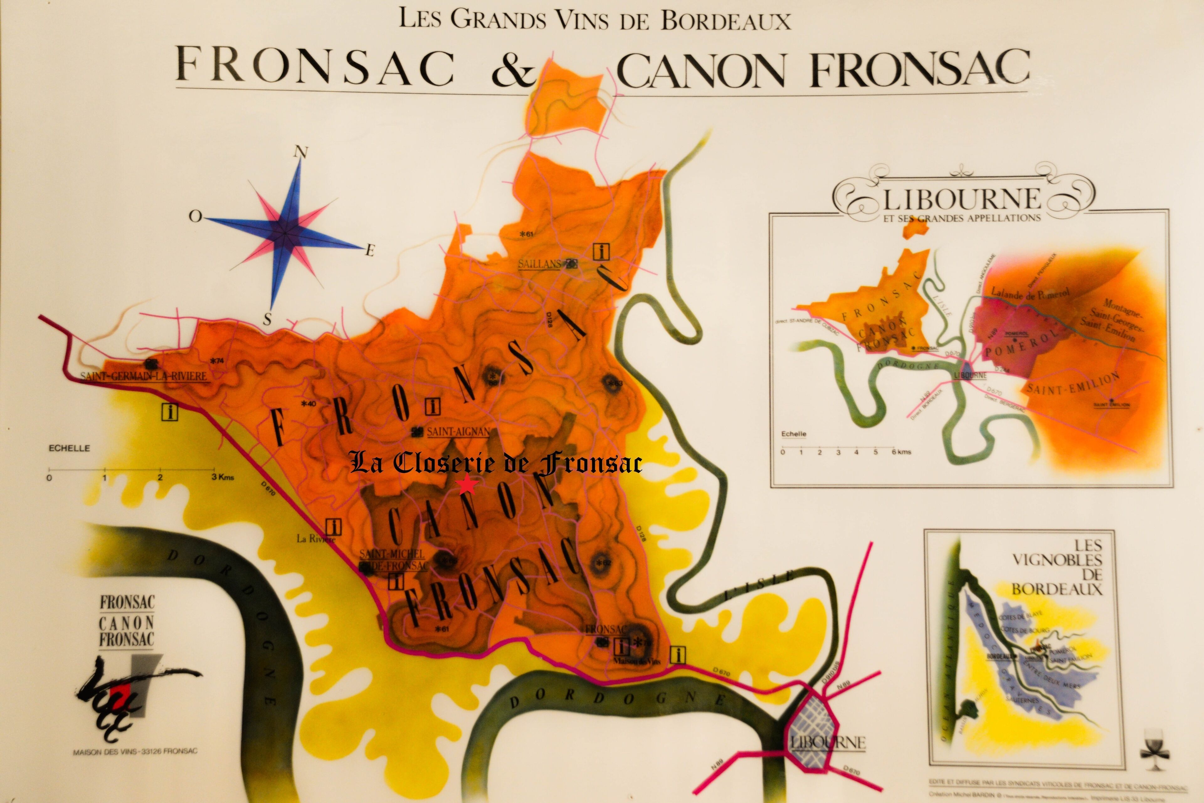 A map of Fronsac and Canon Fronsac, highlighting the Closerie de Fronsac and surrounding areas.