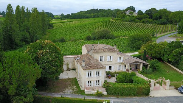 Ein großes, zweistöckiges Steinhaus mit Ziegeldach, umgeben von üppigen Weinbergen und dichtem Baumbestand.