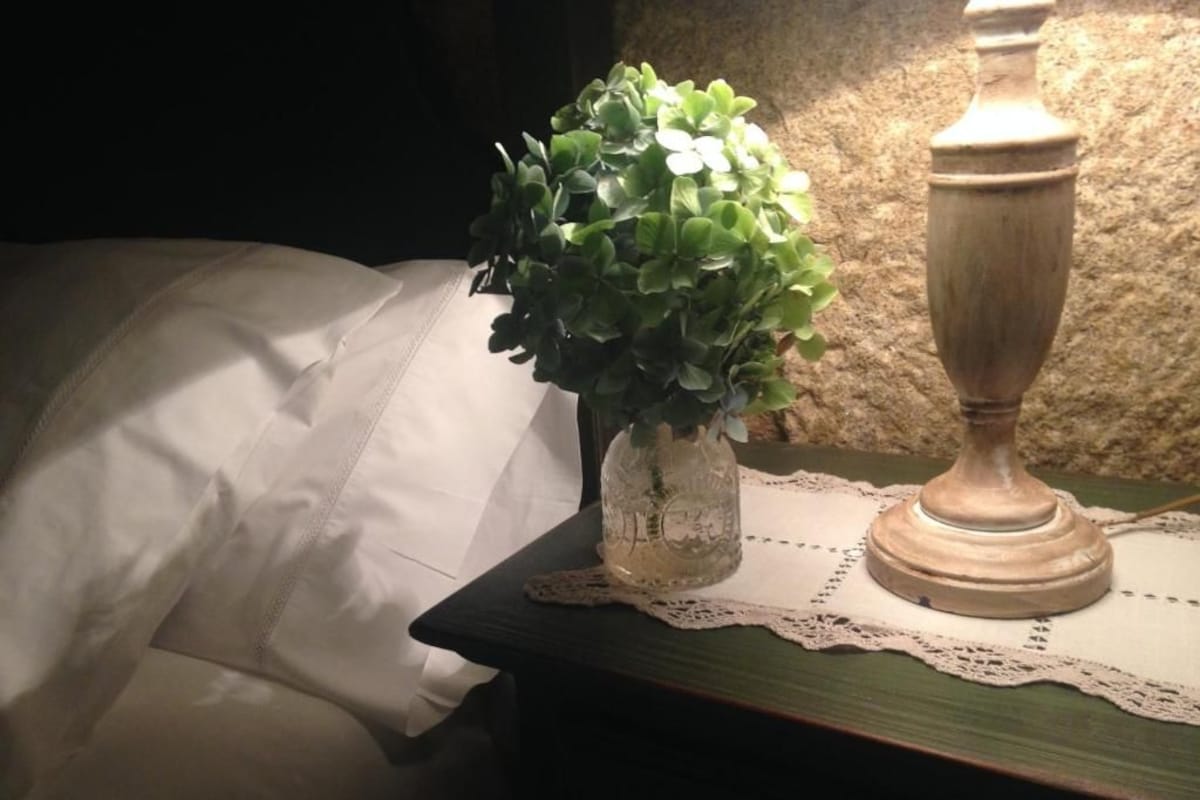 A bedside table with a green plant in a glass jar, a white pillow, and a wooden lamp.
