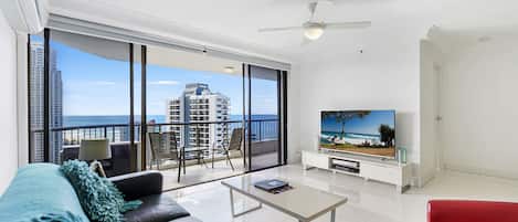 55-inch flat-screen TV with cable channels, TV, DVD player