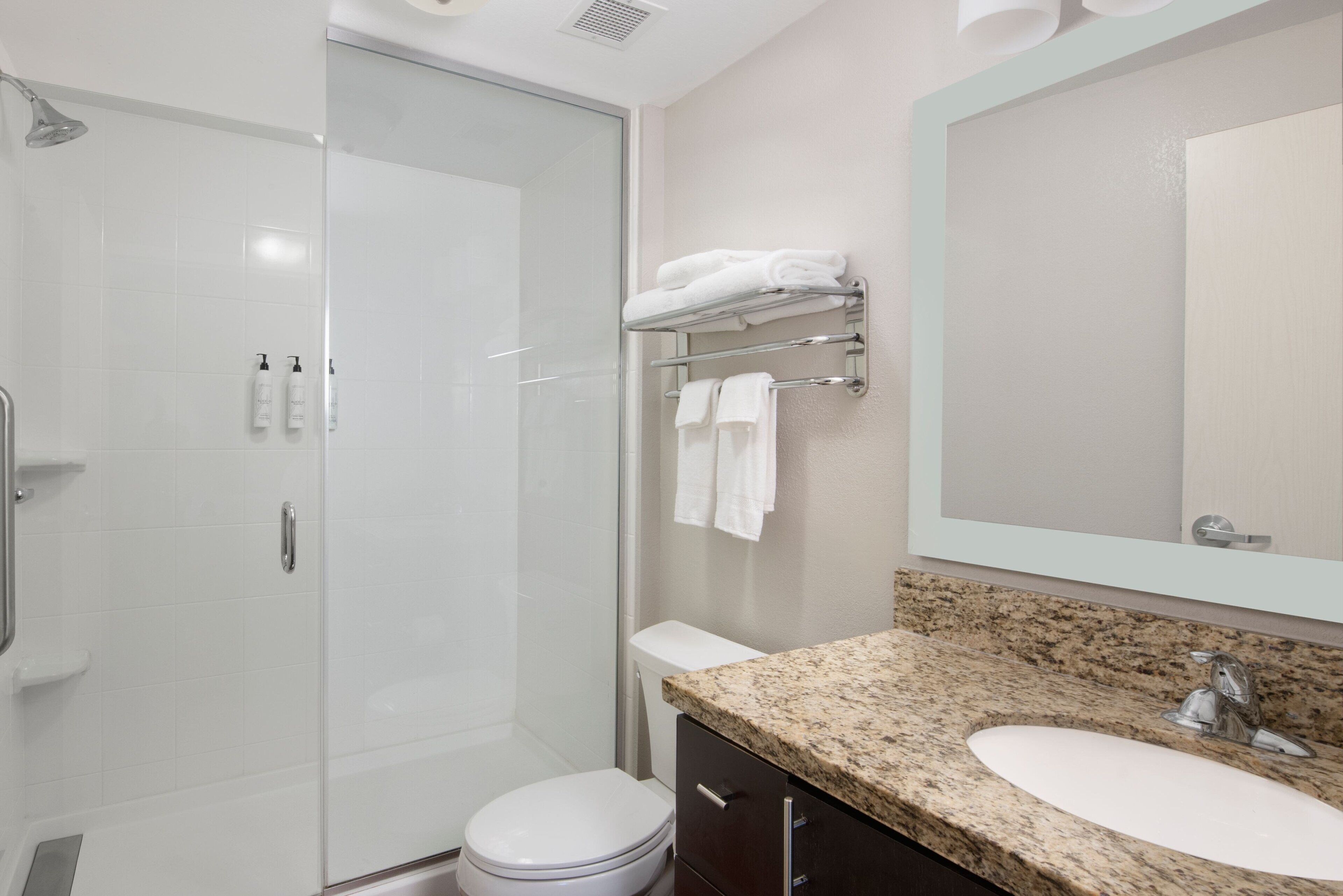 A modern bathroom with a glass shower enclosure, a white toilet, a granite countertop, and a large mirror.