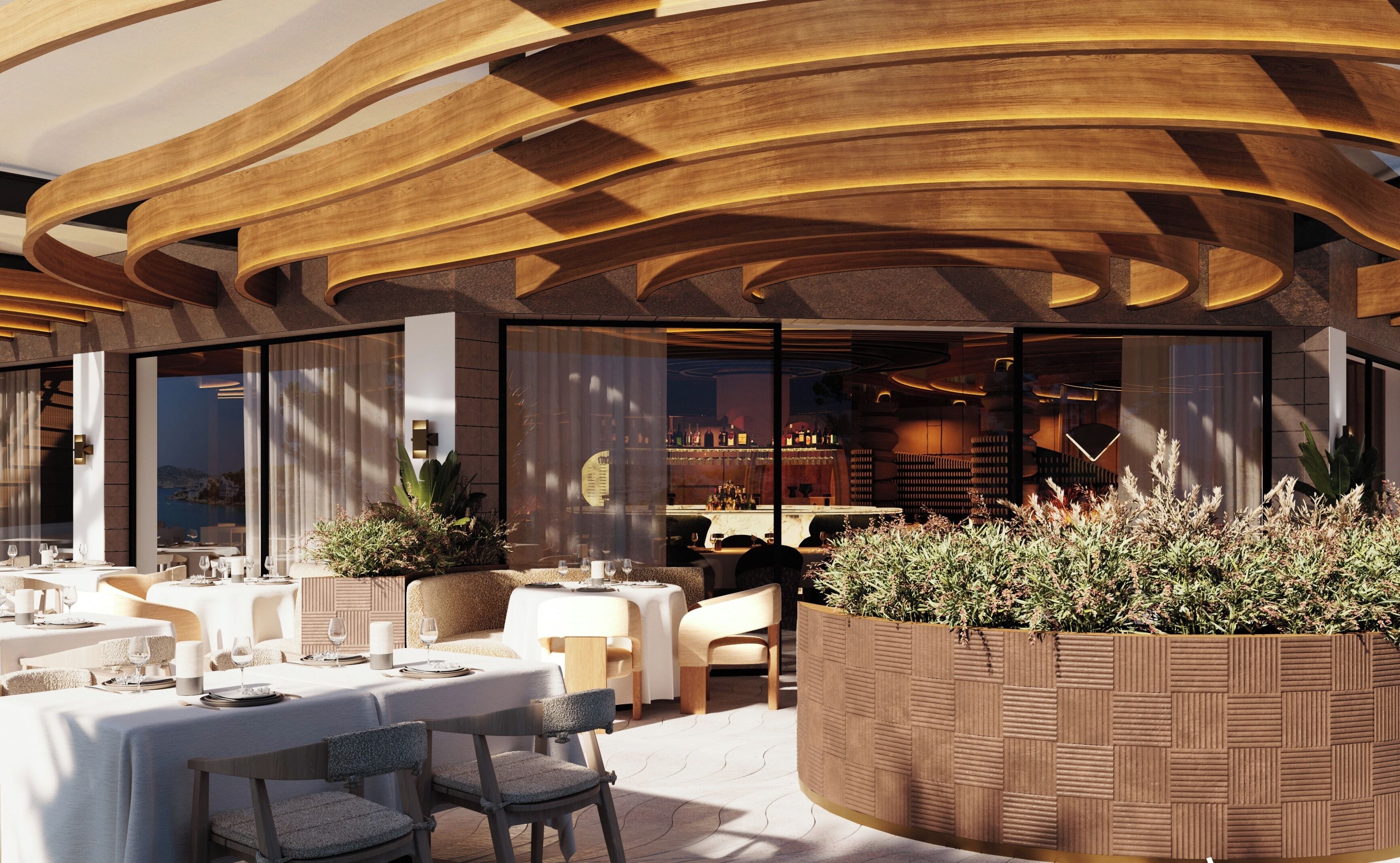 An outdoor dining area with round tables and chairs, a bar in the background, and a wooden ceiling design.