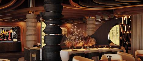 A modern restaurant interior with unique wooden ceiling designs, round tables, and comfortable seating.