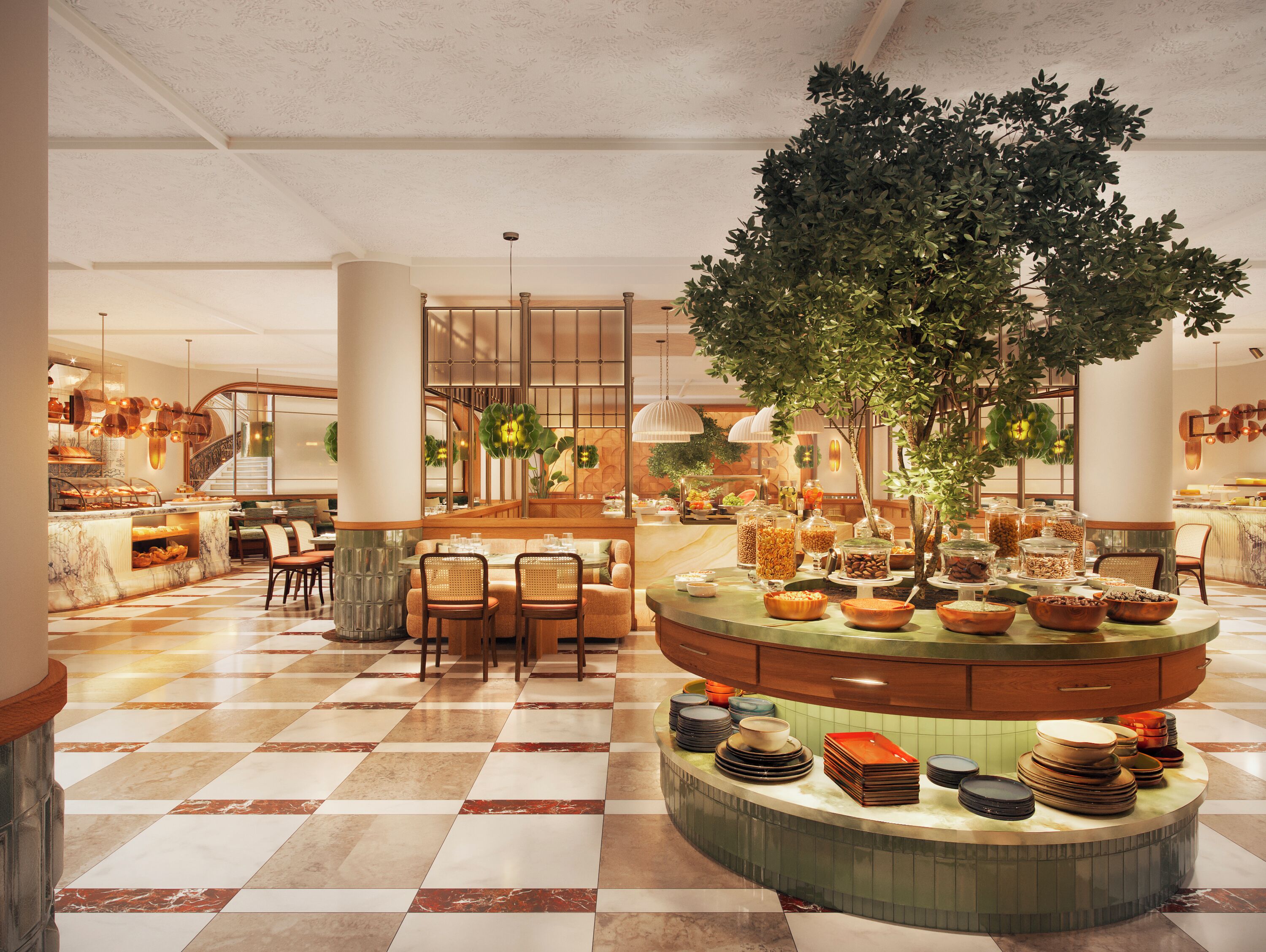 A hotel lobby with a checkered floor, a central seating area, and a buffet with various food items.