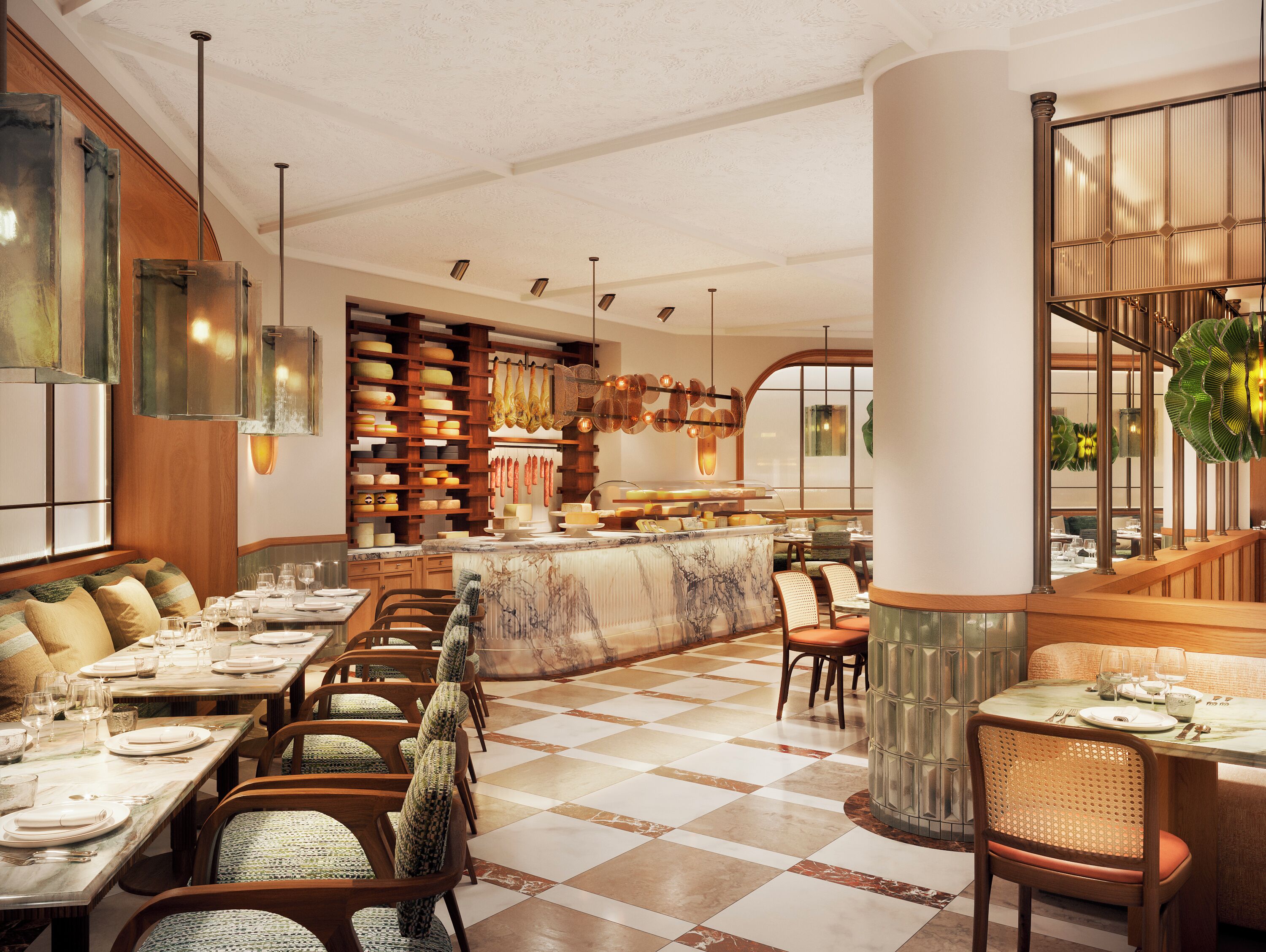 A spacious restaurant with high ceilings, a checkered floor, and a variety of seating options including tables and chairs.
