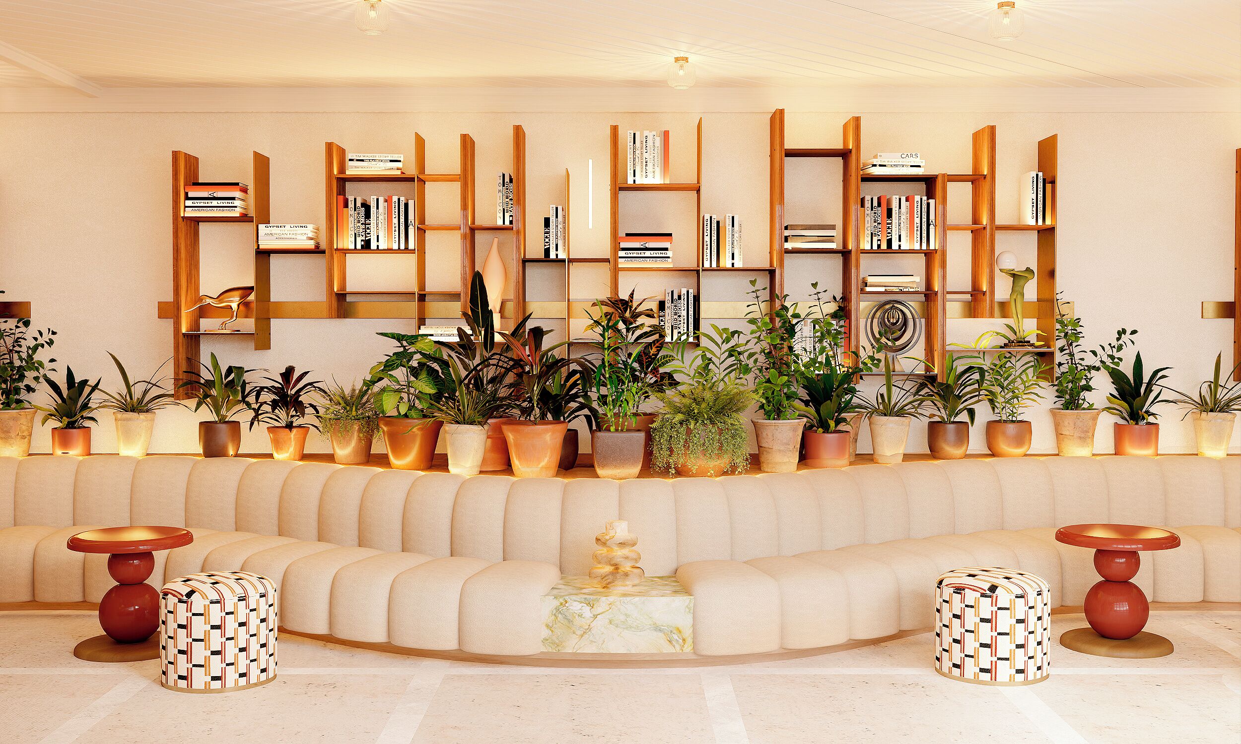 A modern living room with a beige sofa, a wooden bookshelf, and various potted plants.