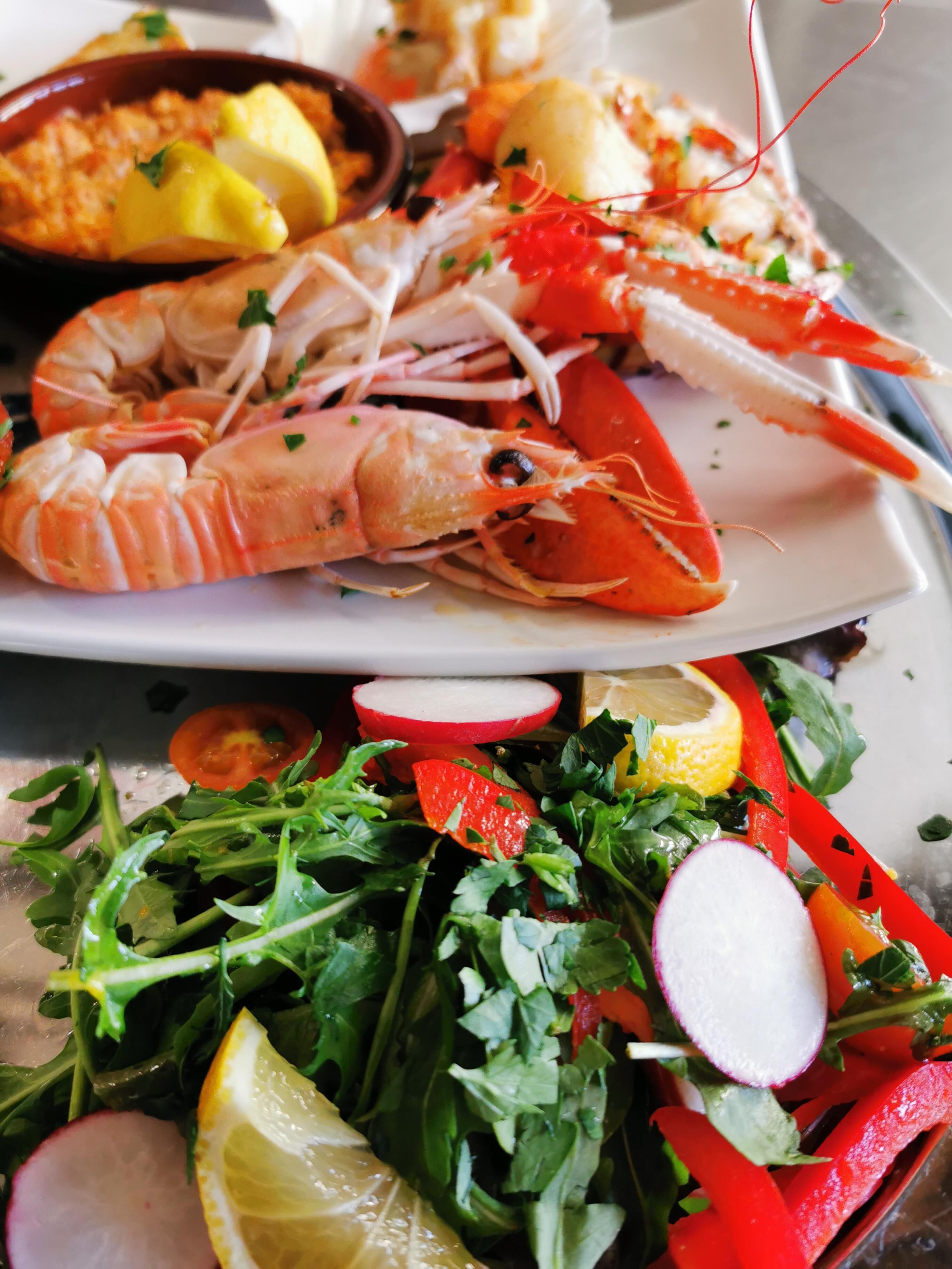 Un plato de camarones cocidos y una ensalada con rábanos y rodajas de limón.