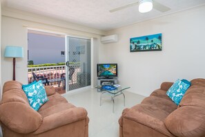 LCD TV, DVD player, iPod dock