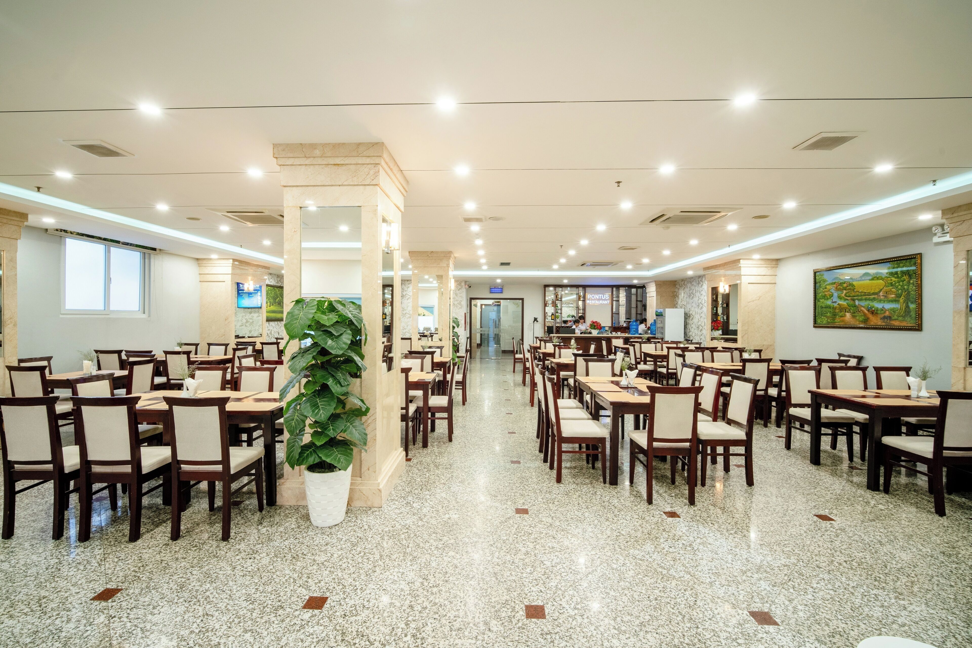 A spacious dining area with multiple tables and chairs, a large potted plant, and a view of the restaurant in the background.