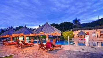 Outdoor pool, pool umbrellas, pool loungers