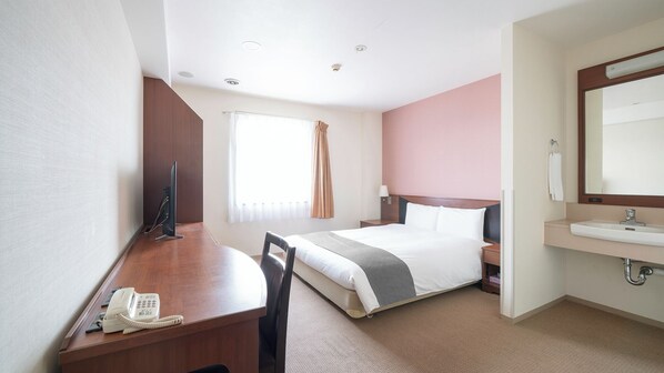 Desk, laptop workspace, blackout curtains, iron/ironing board