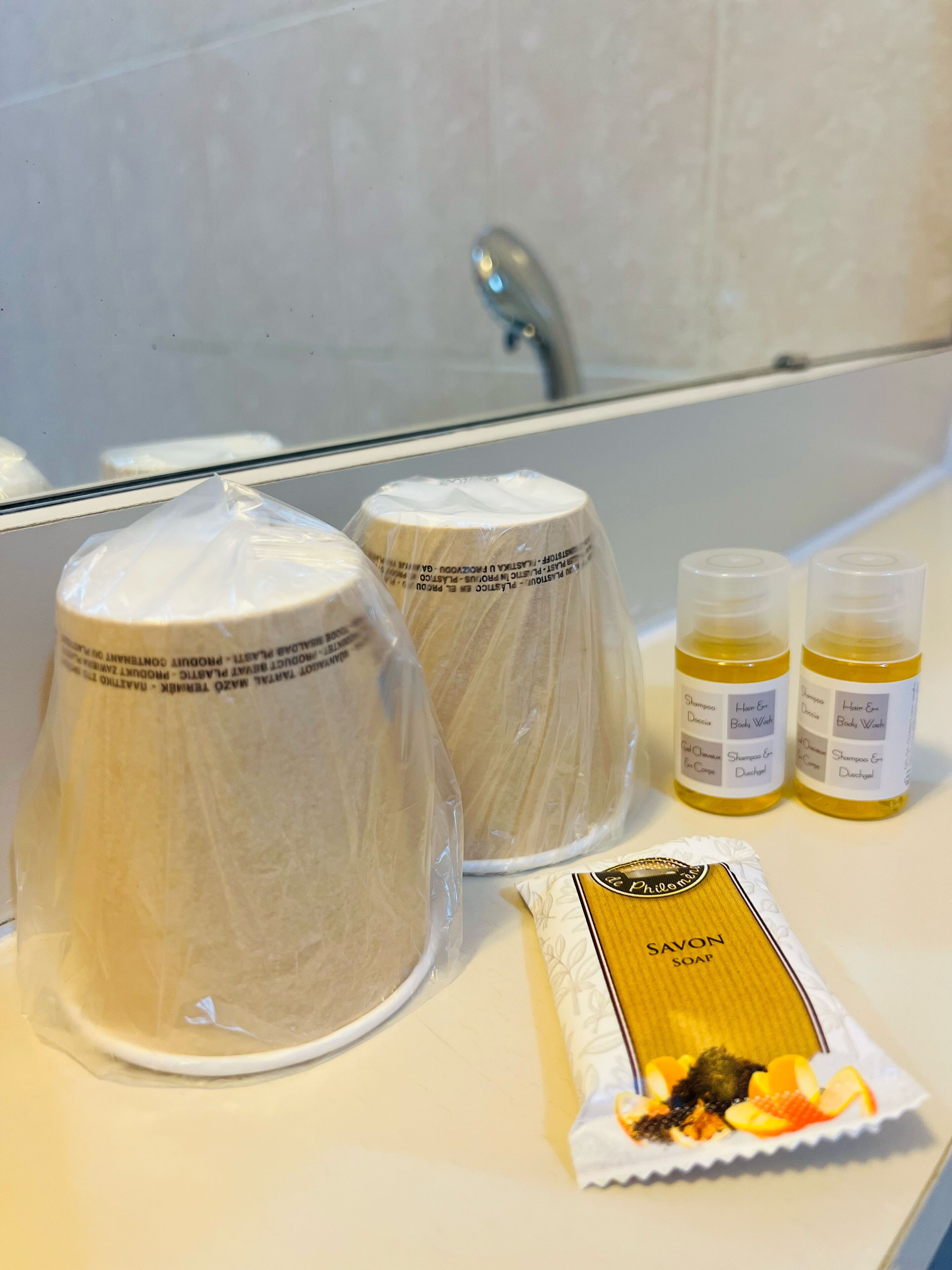 Ein Badezimmer mit einem weißen Waschbecken, zwei Shampooflaschen, einer Seife und einem in Plastik verpackten Handtuch.