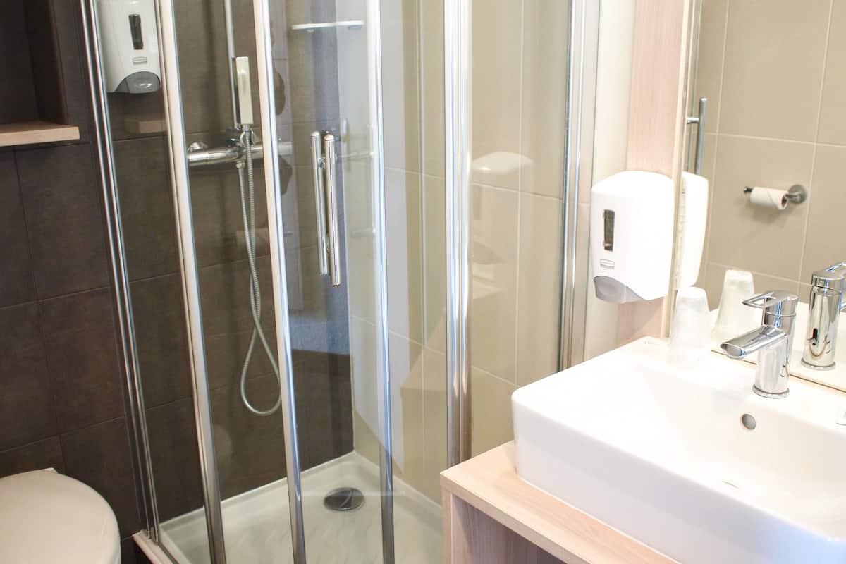 shower, free toiletries, hair dryer, towels