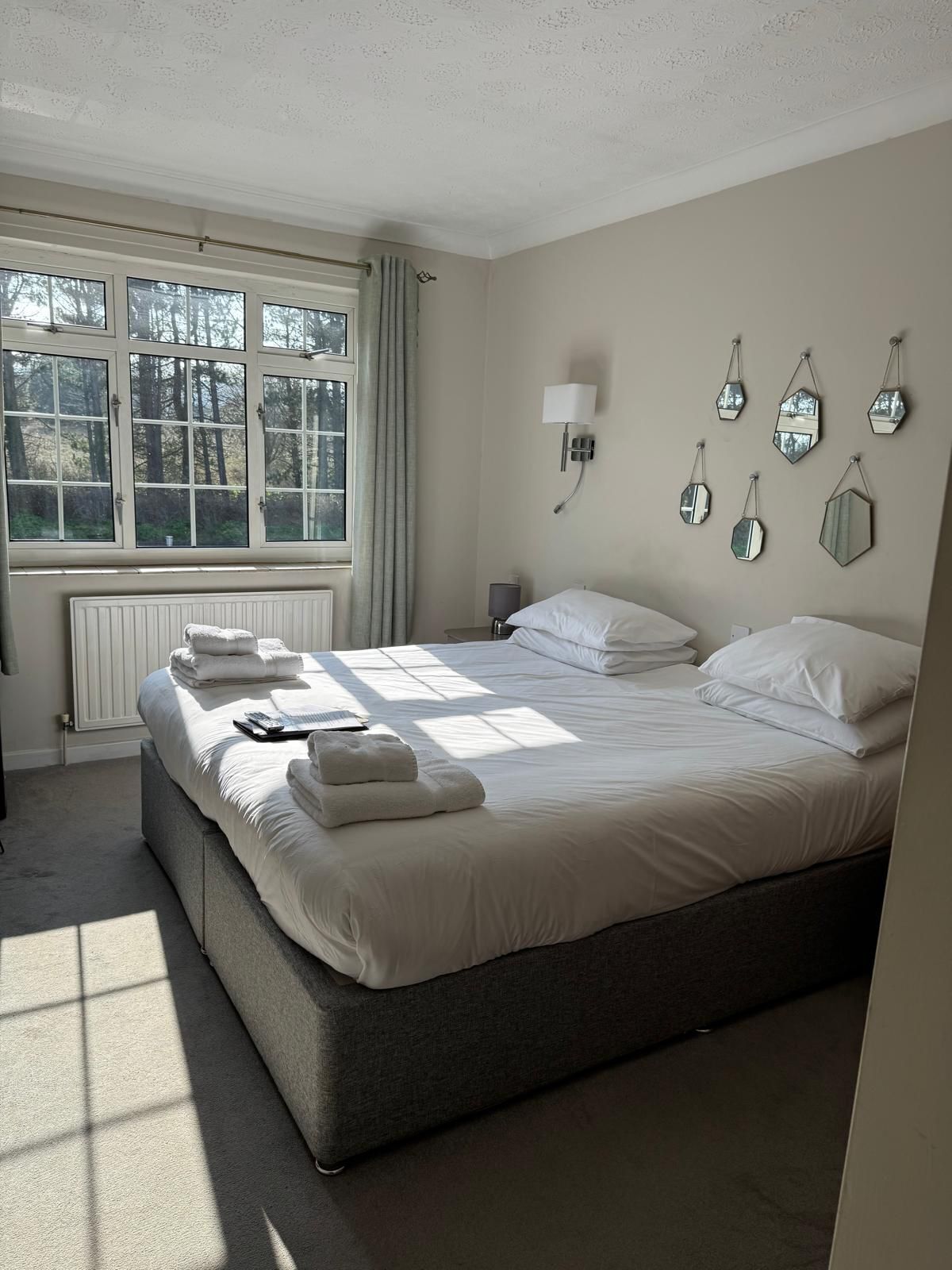 A bedroom with a large bed, a radiator, a window with curtains, and wall-mounted mirrors.