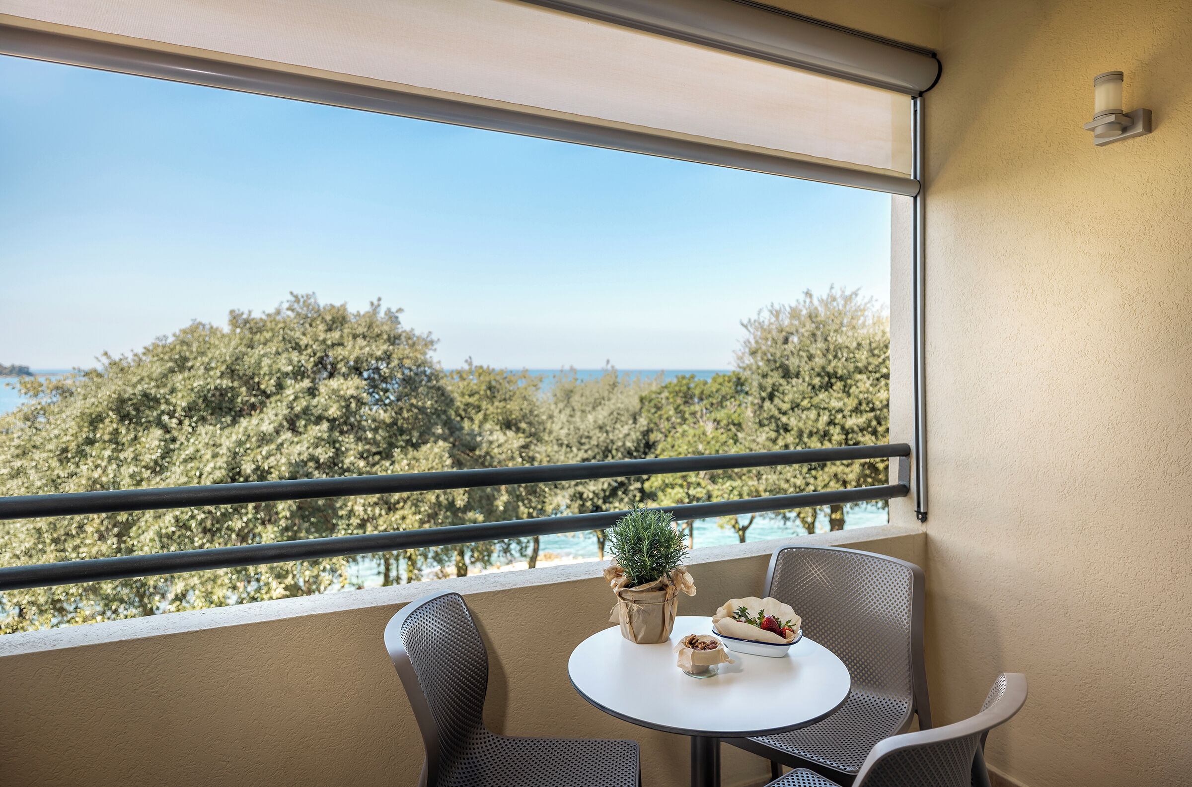 A balcony with a table, chairs, a potted plant, and a view of trees and water.