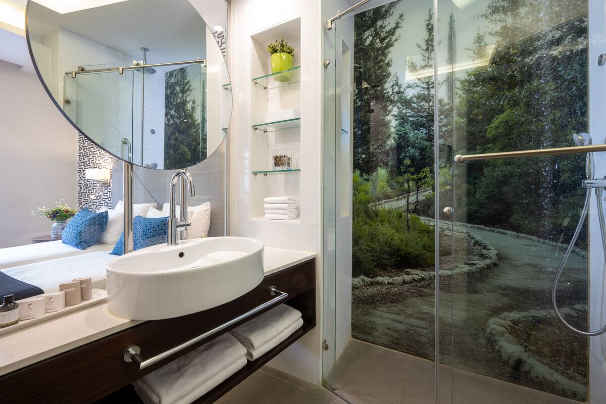 shower, rainfall showerhead, free toiletries, hair dryer