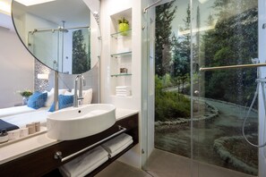 Een douche, een regendouche, gratis toiletartikelen, een haardroger