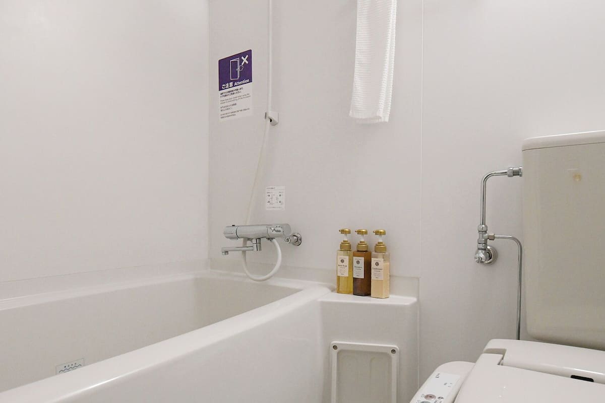 combined shower/bathtub, free toiletries, hair dryer, slippers