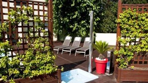 A wooden deck with lounge chairs, a small water feature, and potted plants. - Hotel Concorde (Camerano)