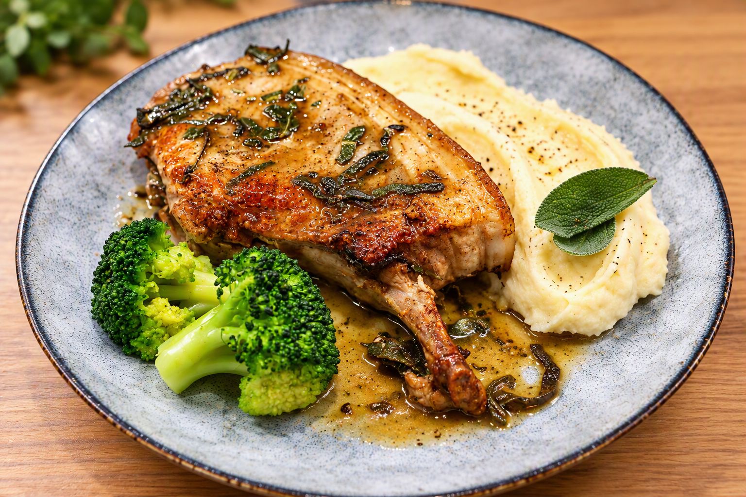 A plate with a cooked meat, mashed potatoes, and broccoli.