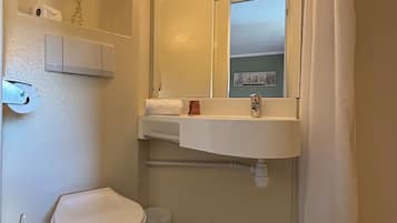 Une petite salle de bain compacte, équipée de toilettes, d’un lavabo et d’un miroir.