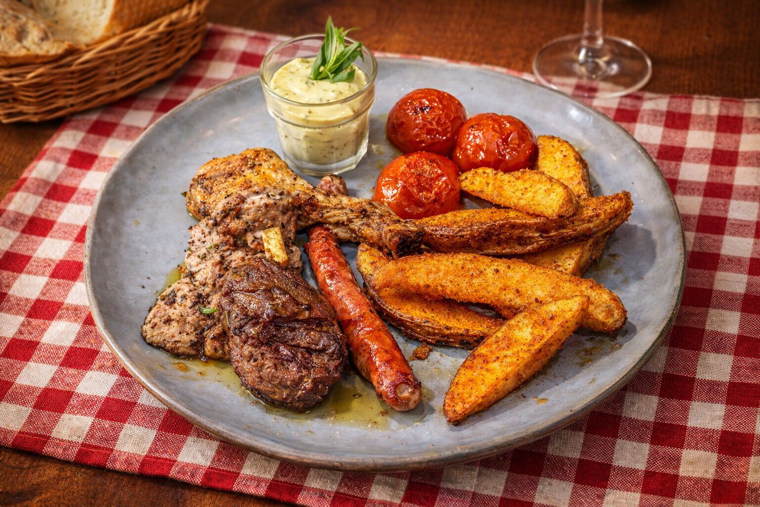 A plate with grilled meat, sausages, roasted potatoes, and a side of sauce.