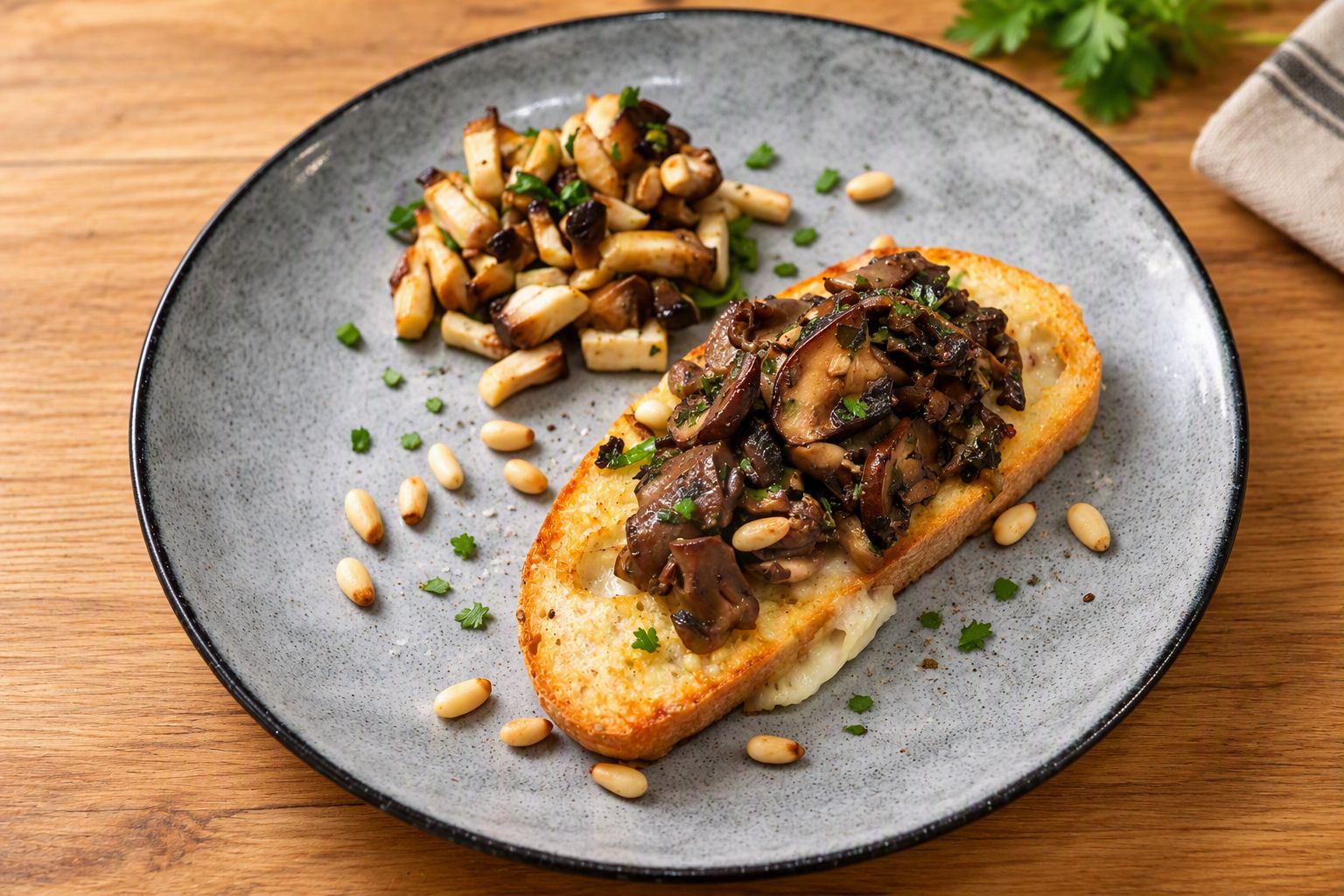 Un plat amb una torrada coberta de bolets i pinyons, i una guarnició de patates rostides.