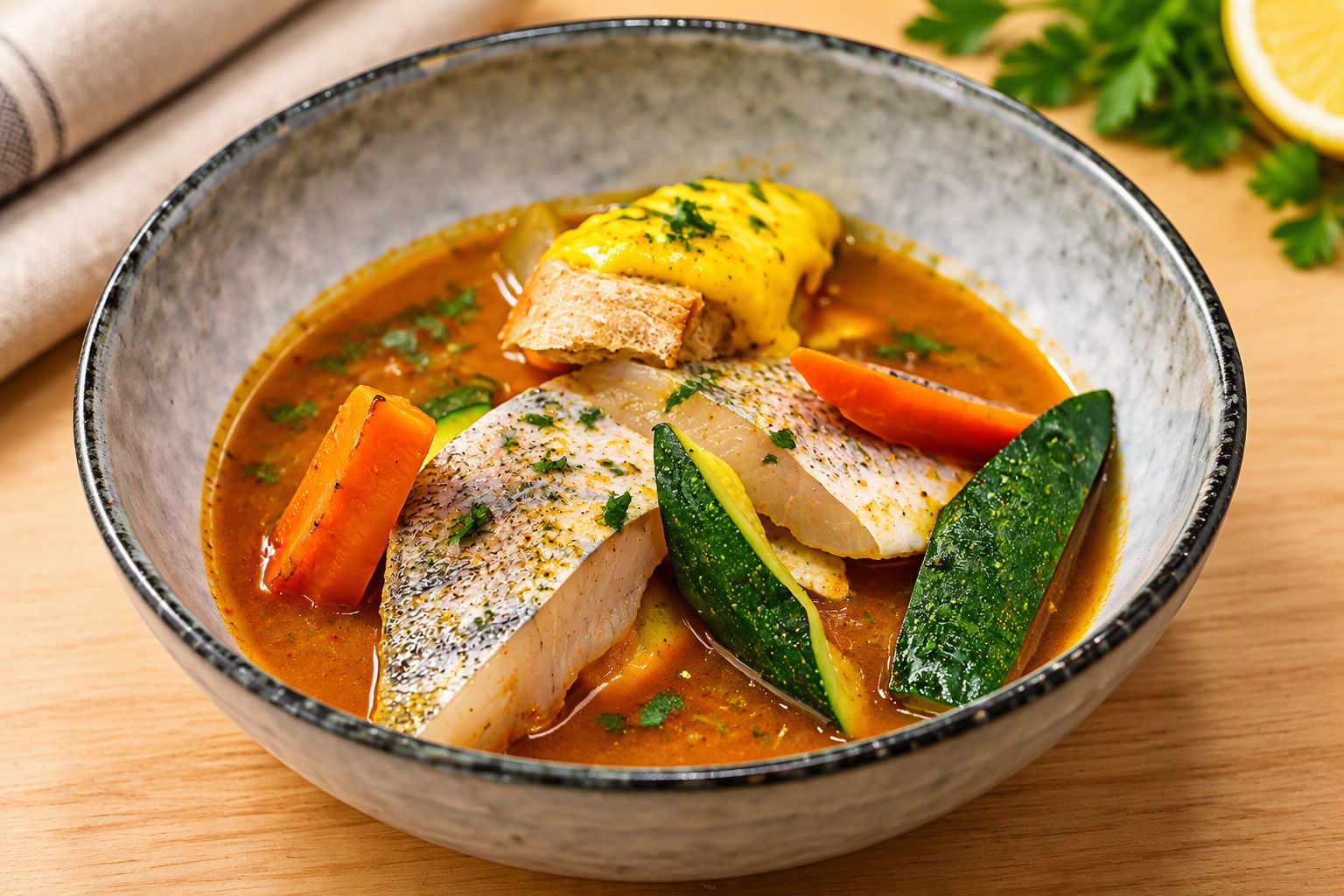 A bowl of fish stew with vegetables.