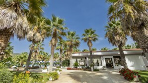 A hotel with a covered outdoor area, palm trees, and a clear blue sky. - Prince Franklyn Hotel (Castellabate)