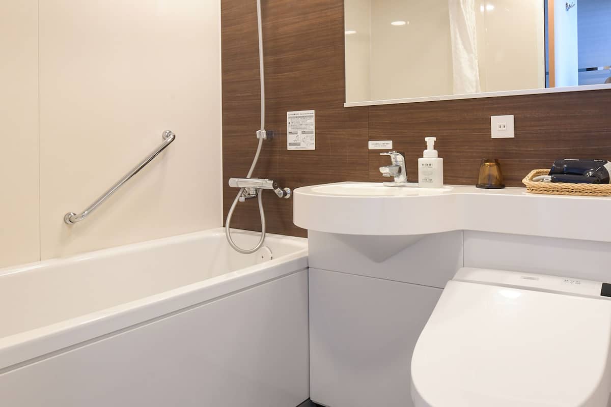 combined shower/bathtub, free toiletries, hair dryer, slippers