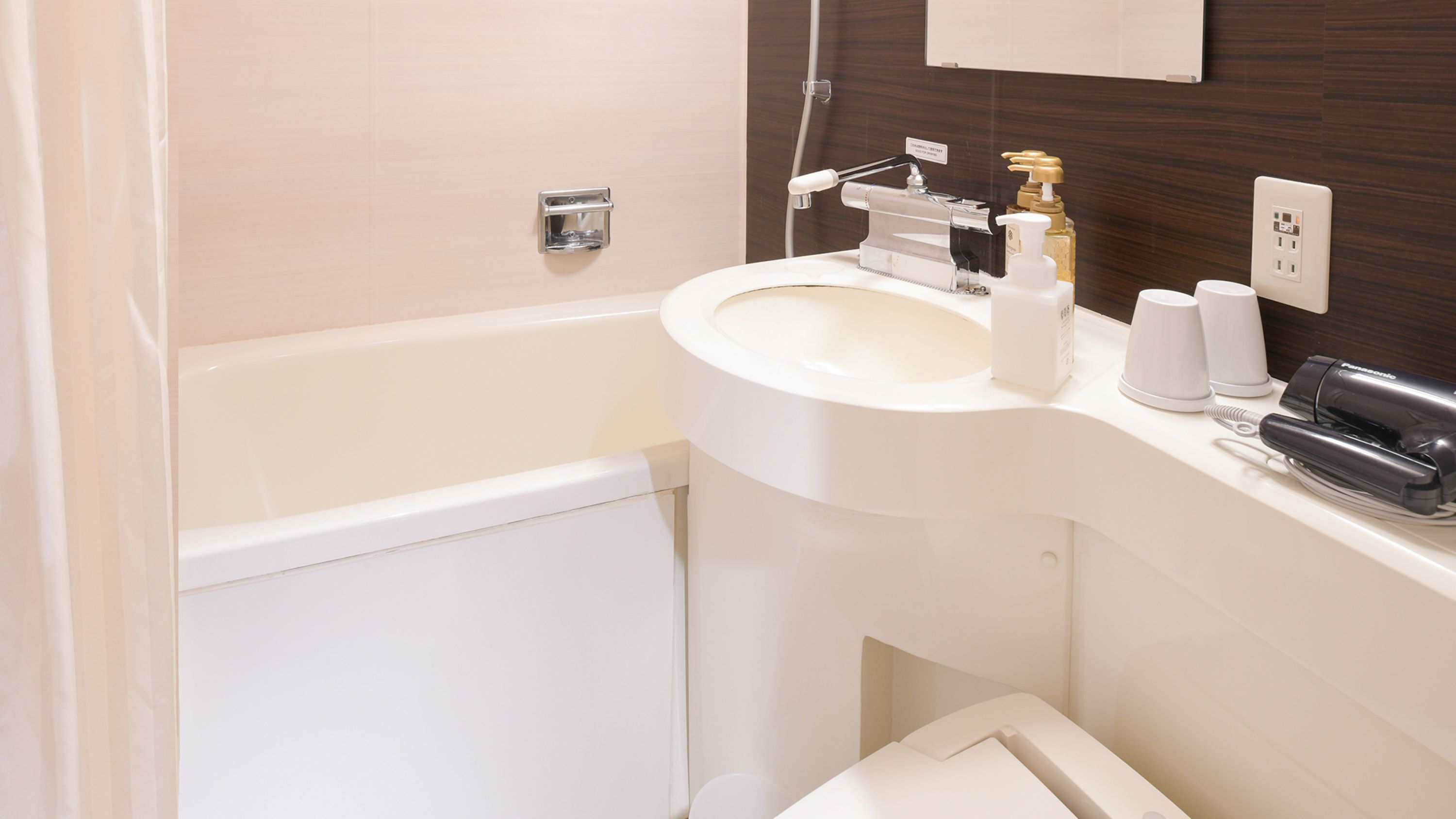 combined shower/bathtub, free toiletries, hair dryer, slippers