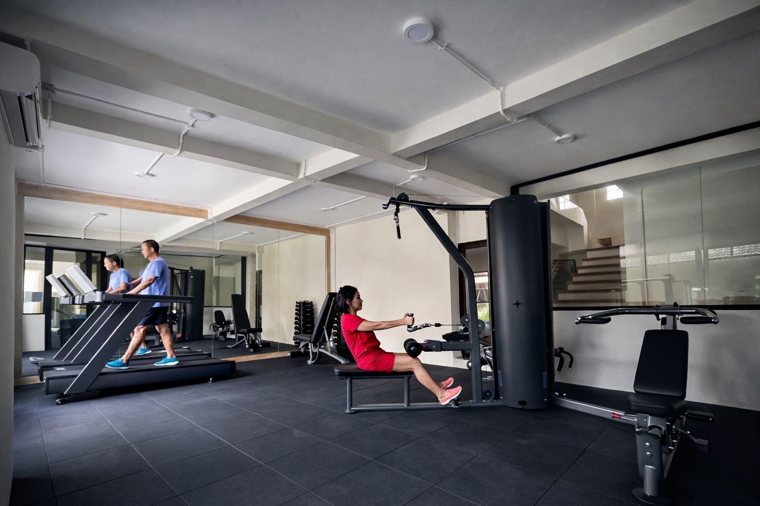 A gym with treadmills, a seated exercise machine, and a weight bench.