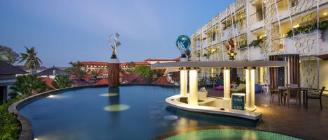 Outdoor pool, pool umbrellas, pool loungers