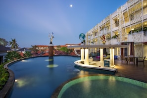 Outdoor pool, pool umbrellas, pool loungers
