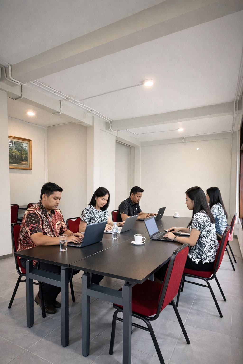 A conference room with a long table, red chairs, and people using laptops.