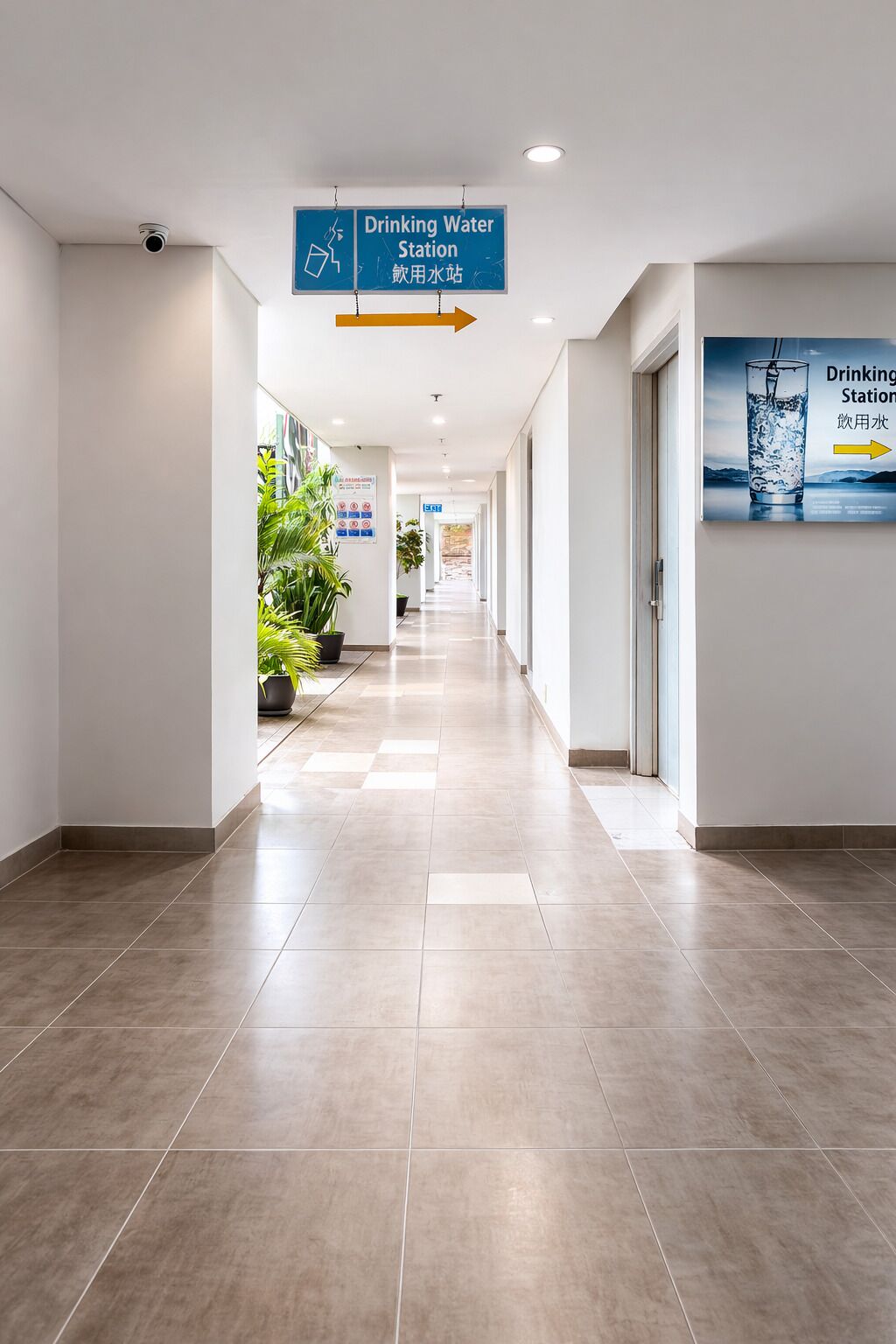 A clean, well-lit hallway with directional signs for a drinking water station.