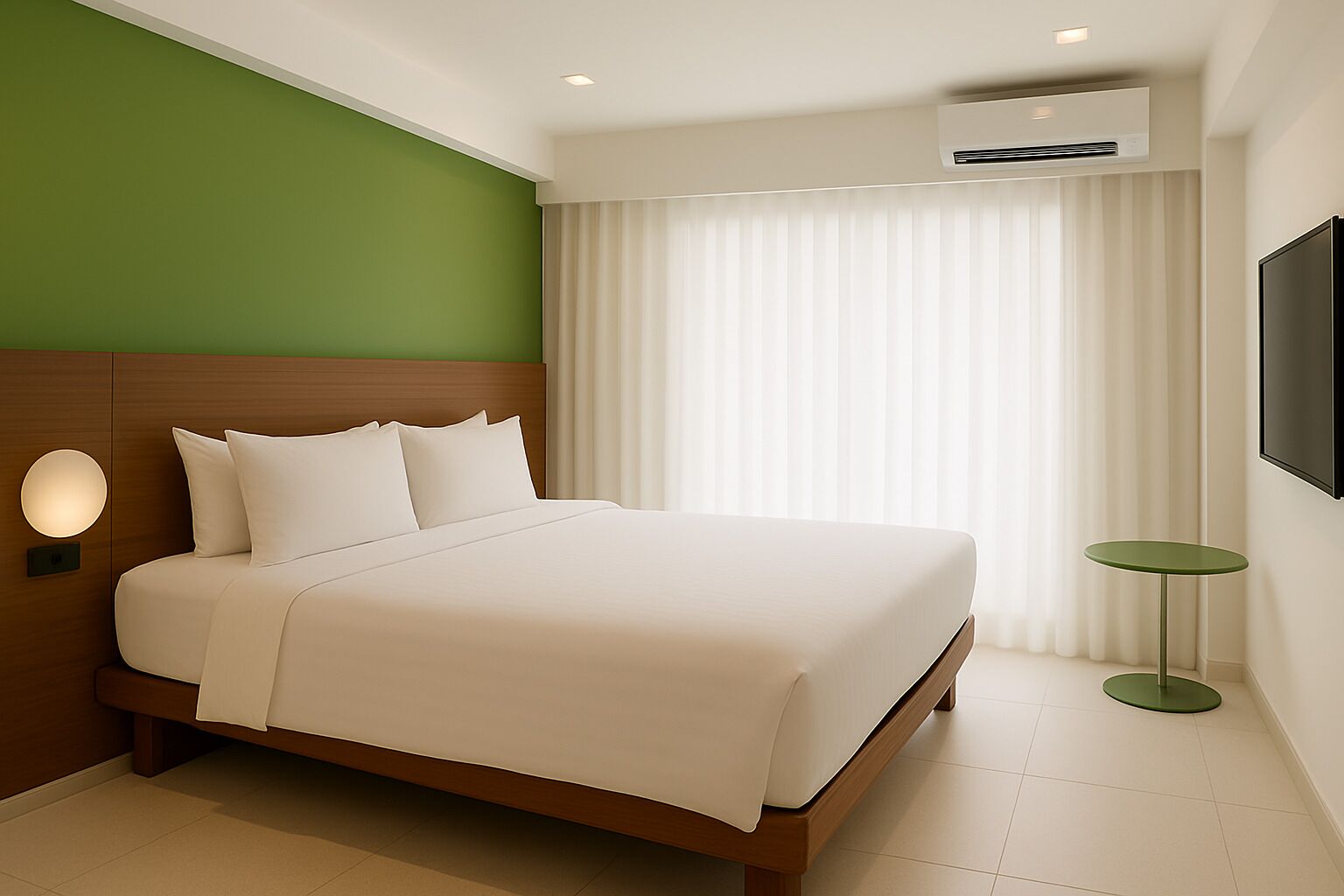 A hotel room with a bed, a wall-mounted TV, an air conditioning unit, and a small green table.