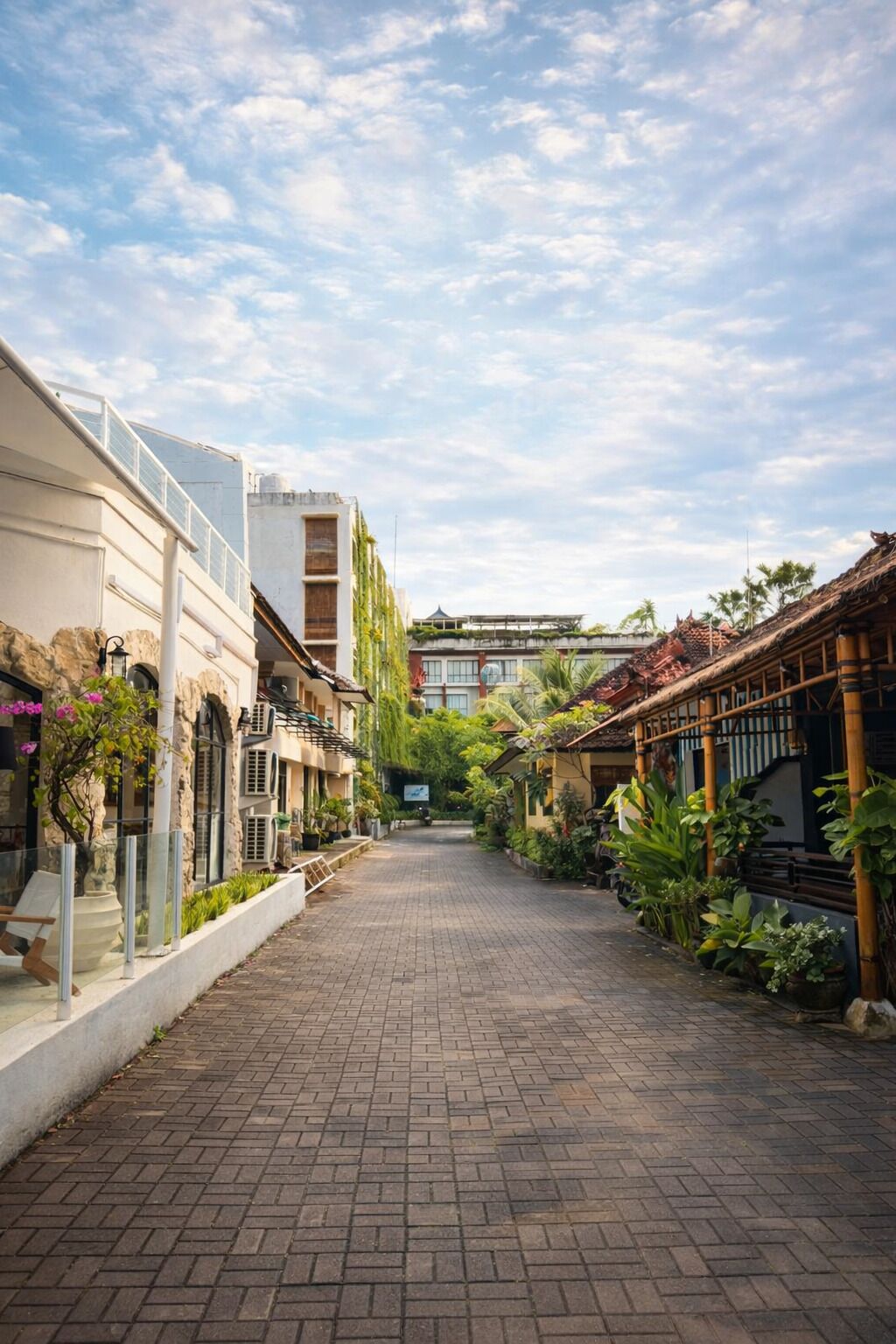 A paved pathway flanked by buildings with a mix of modern and traditional architecture, leading towards a distant structure.