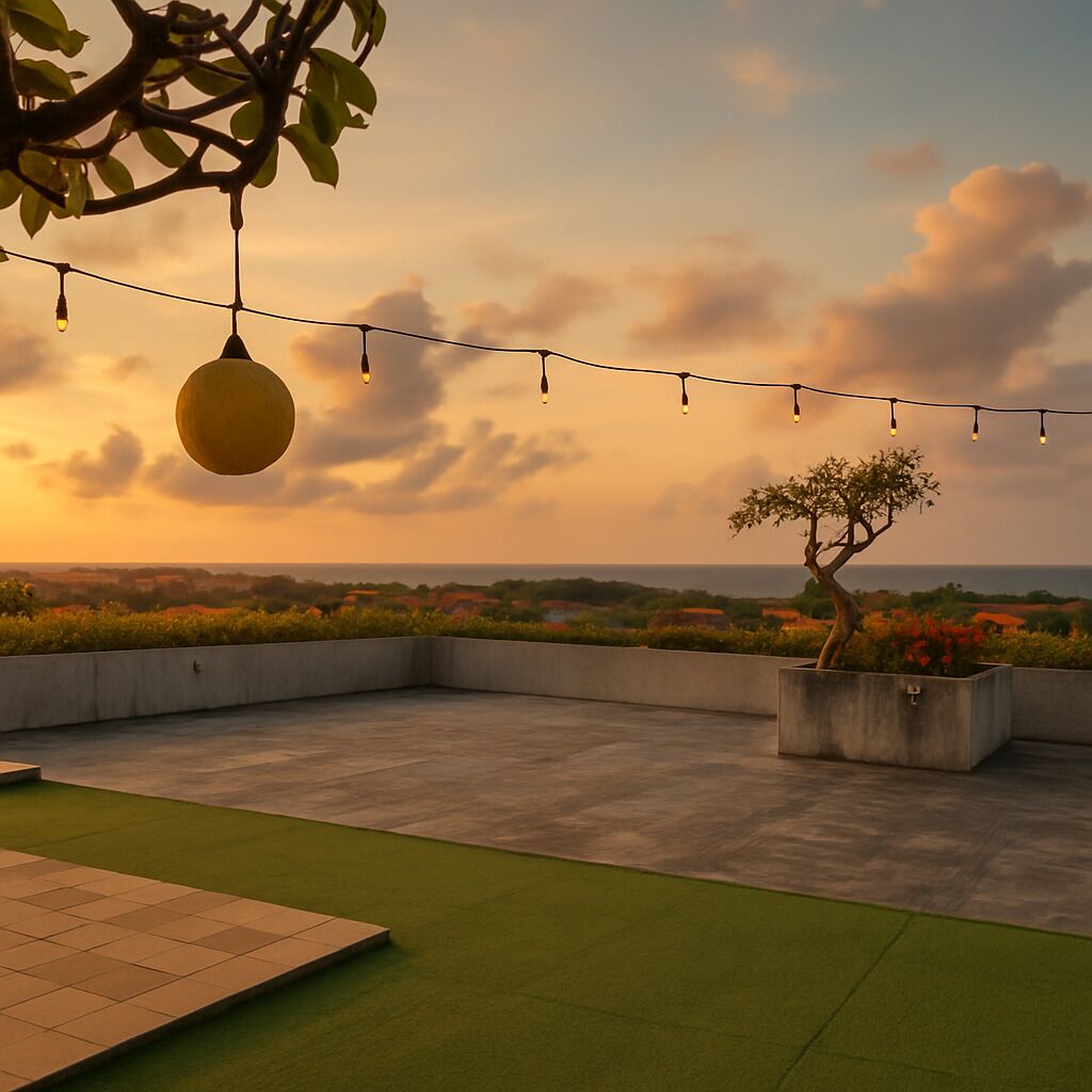 A rooftop terrace with a view of the sea, string lights, and a bonsai tree.