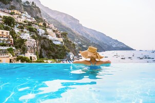 Outdoor pool, pool umbrellas, pool loungers