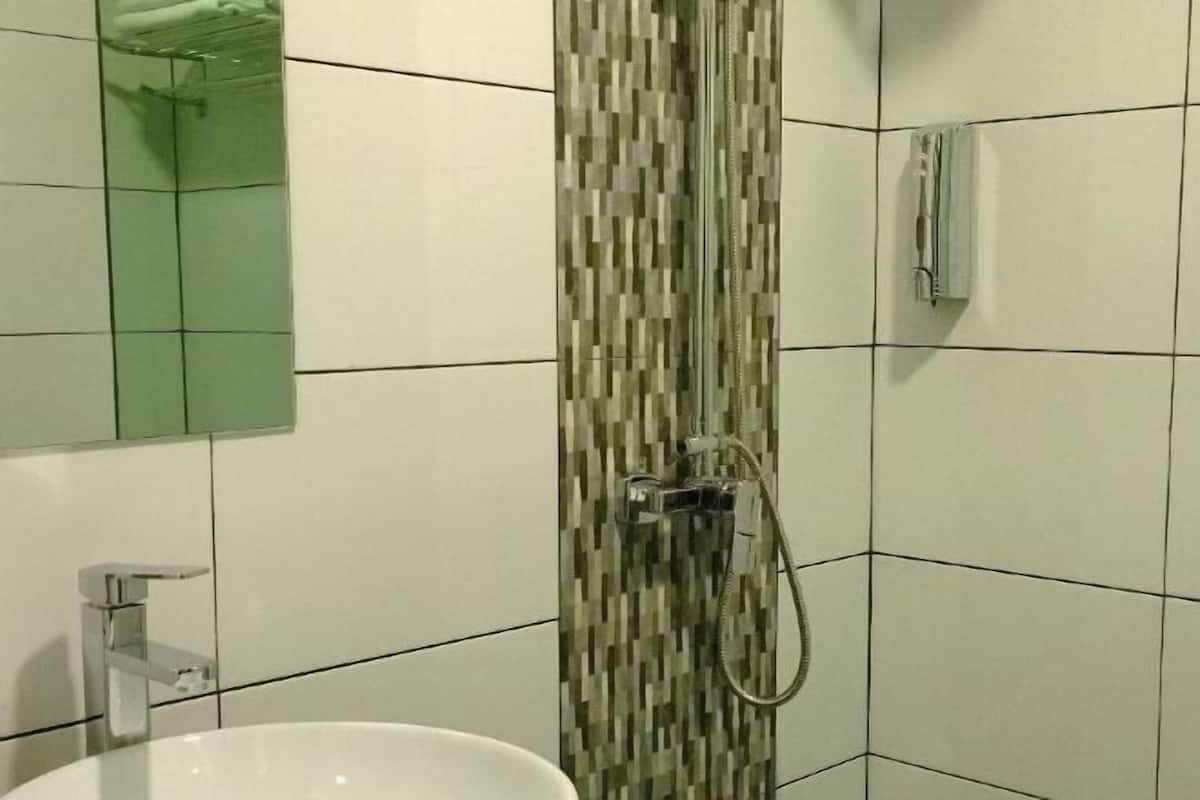 Een douche, gratis toiletartikelen, een haardroger, handdoeken