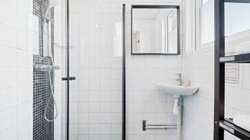 A modern bathroom with a glass shower enclosure, a white sink, and a mirror.