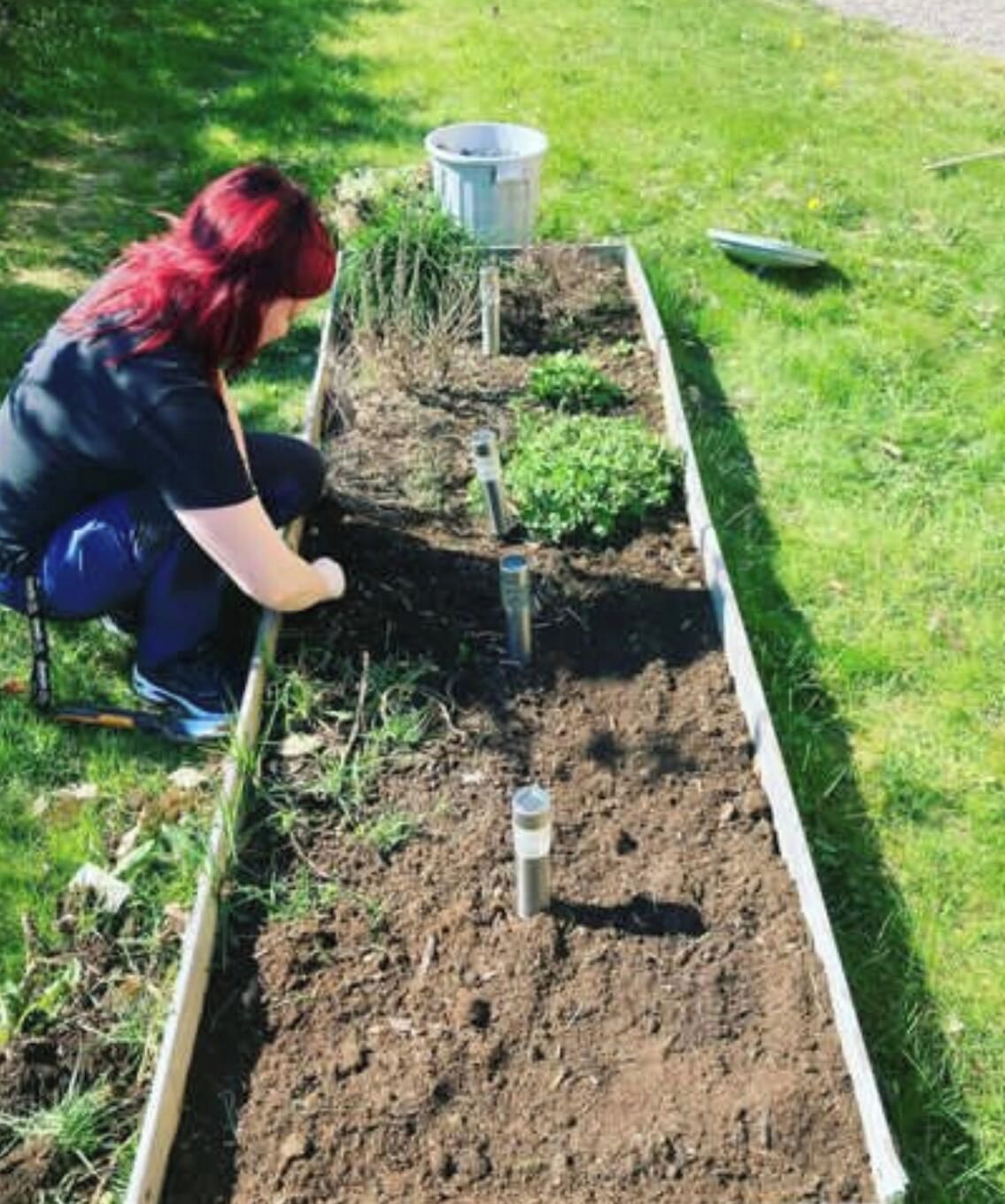 Iemand verzorgt een verhoogd plantenbed met planten en een gieter.