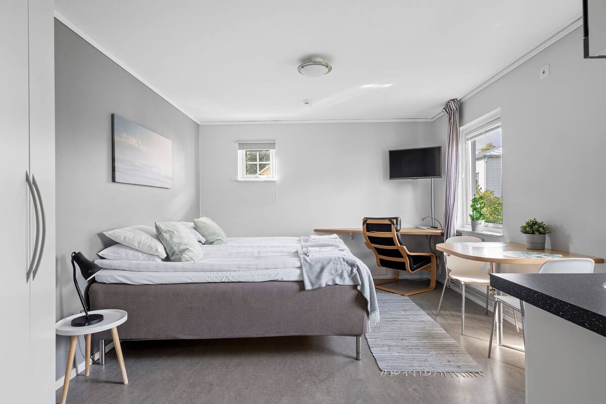 Une chambre à coucher moderne avec un lit, un bureau, une chaise, un téléviseur et une fenêtre.