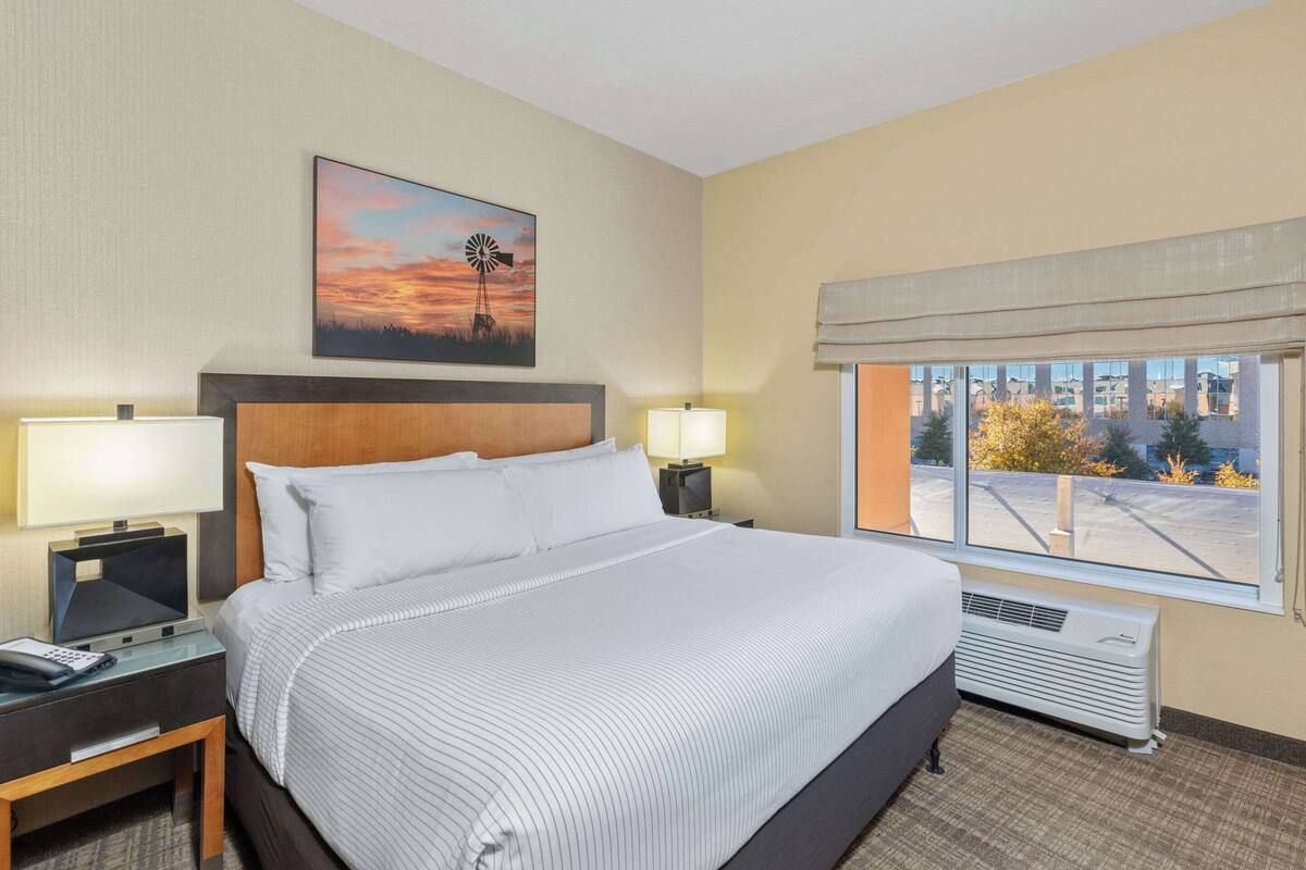 A hotel room with a large bed, two bedside tables with lamps, a window with a view of the parking lot, and a painting of a windmill on the wall.