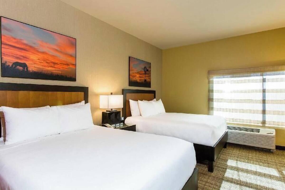 A hotel room with two beds, a nightstand with a lamp, a window with blinds, and two paintings on the wall.