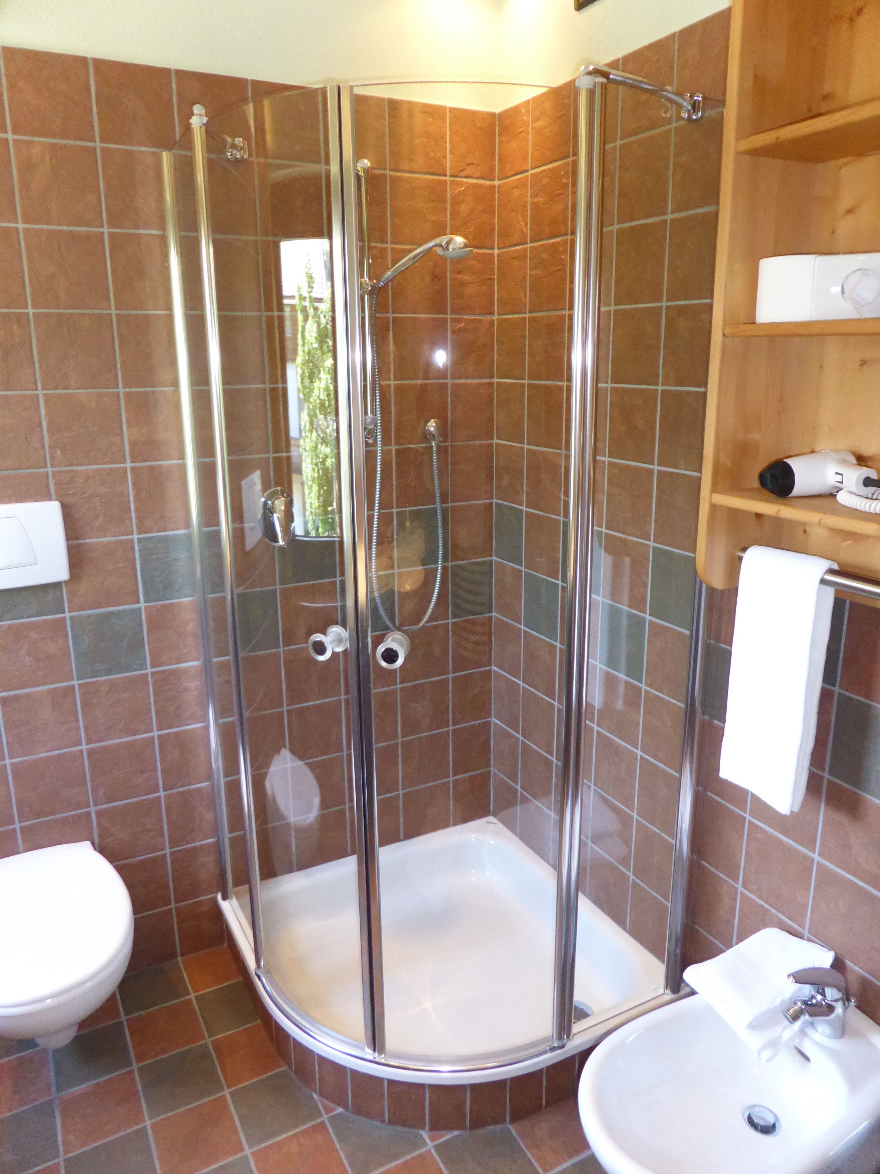 A bathroom with a glass-enclosed shower, a toilet, and a sink.